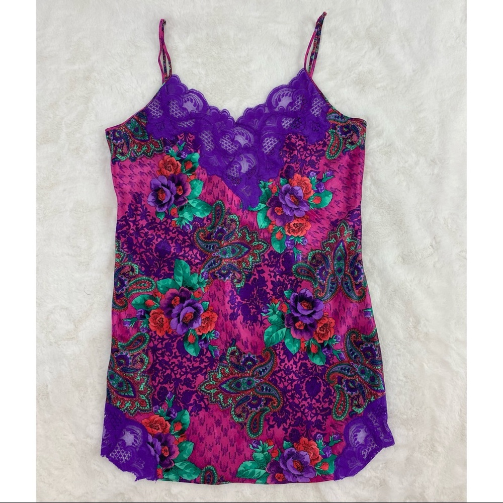 Vintage Victoria's Secret Chemise Medium Gold Label Satin Purple Lace Floral